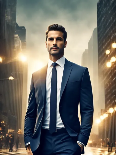 a man in a suit and tie standing in a city