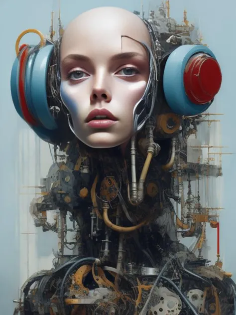 in the style of Blade Runner futurism, mechanical android beautiful, etam cru, light blue and silver, michael creese, steelpunk,...