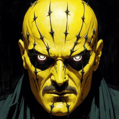 the yellow king, cenobite inspired by hellbound heart, crown of thorns, with metal half mask against a black background drawn by...