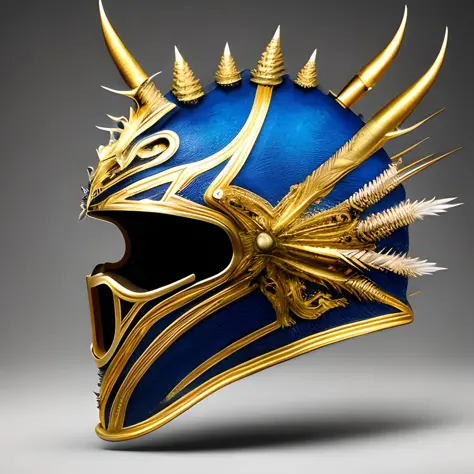 a helmet with golden blue and black spikes, in the style of realistic and hyper-detailed renderings, neoclassical scenes, 32k uh...