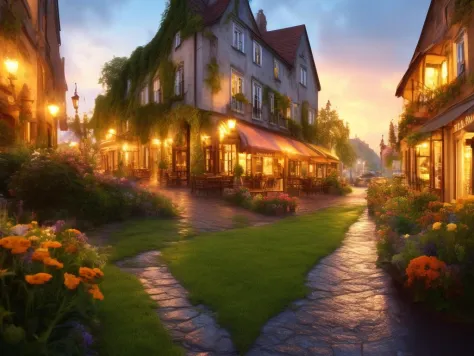 fantasy, small old town, bakery, street caffee, rain, lush green, lawn, flowers, dreamy, evening, sunset, volumetric lighting, s...