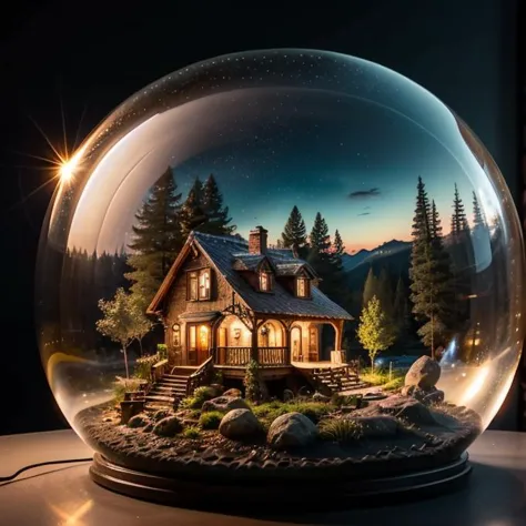 mini house, landscape, old fashion, nature, night light, a bubble, in the bubble, high detailed, masterpiece, best quality, <lor...