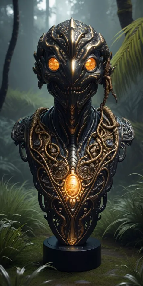 View of Impressive 3D biomorphic, night scene, bronze bust of an alien with large glowing eyes protrudes from tall grass, covered in moss, radiant tribal tattoo, gold and silver details, fantasy, surrounded by holographic data, detailed, dramatic, intricat...