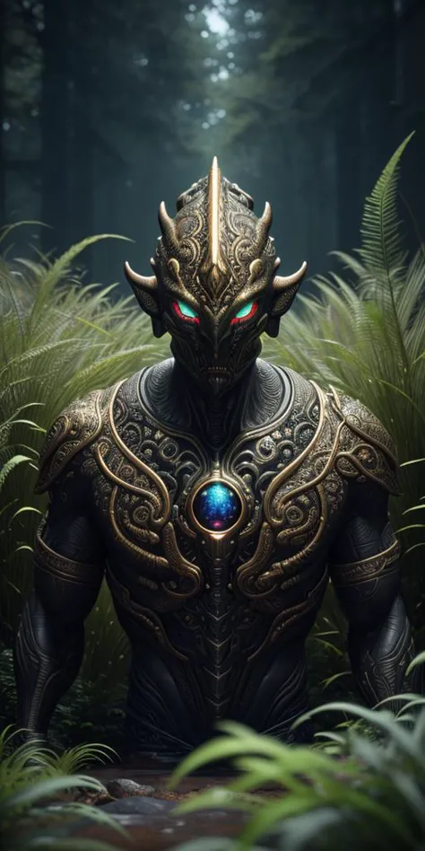View of Impressive 3D biomorphic, night scene, bronze bust of an alien with large glowing eyes protrudes from tall grass, covered in moss, radiant tribal tattoo, gold and silver details, fantasy, surrounded by holographic data, detailed, dramatic, intricat...