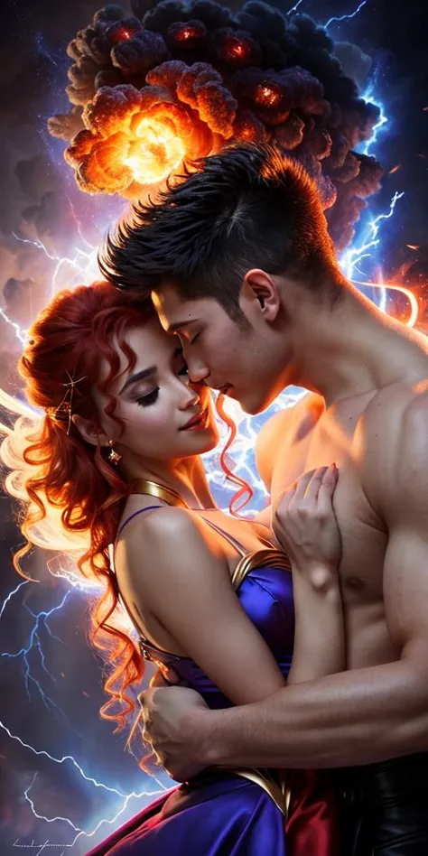 💏🔥❄️⚡ "Elemental Passion" by Satori Canton🧸 Photograph style, 

Romance novel cover, 

A passionate depiction of two lovers cuddling amidst the explosive forces of elemental magic - fire, 

ice, 

and lightning. Vladimir Volegov, 

Jonathan Kirtz, 

Dorian...