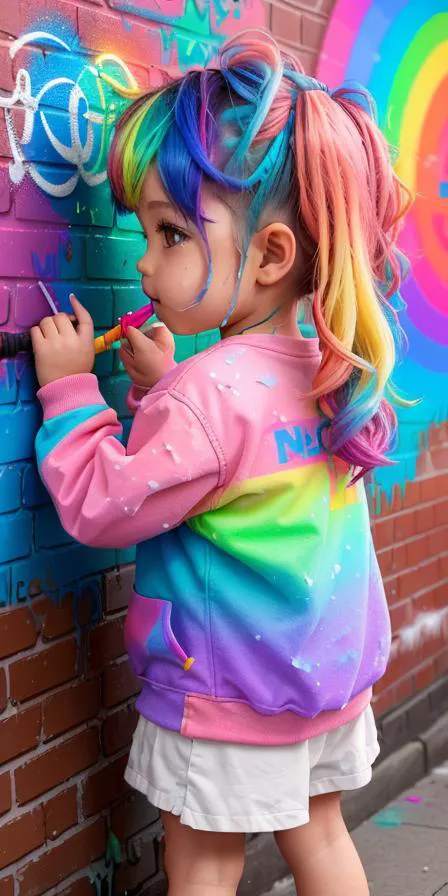 a cute and adorable 3-year-old girl painting graffiti on a brick wall.

🎨👶🌈"Baby Pinkwash" by Satori Canton🧸,

Art by Mr. Brainwash (MBW) and Lady Pink,

(best quality, masterpiece, RAW photo, ultra-detailed:1. 1), (graffiti_style:1. 1), (multicolored:1. 2...
