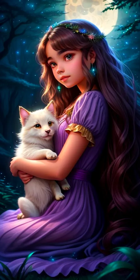"Reunited" by Satori Canton. Art by Joni Aikio and Tim Hildebrandt, In a moonlit fantasy forest scene, a stunningly beautiful young girl (india eisley) with long wavy flowing hair and twinkling eyes, wearing a simple dress, reunites with her lost pet, an e...