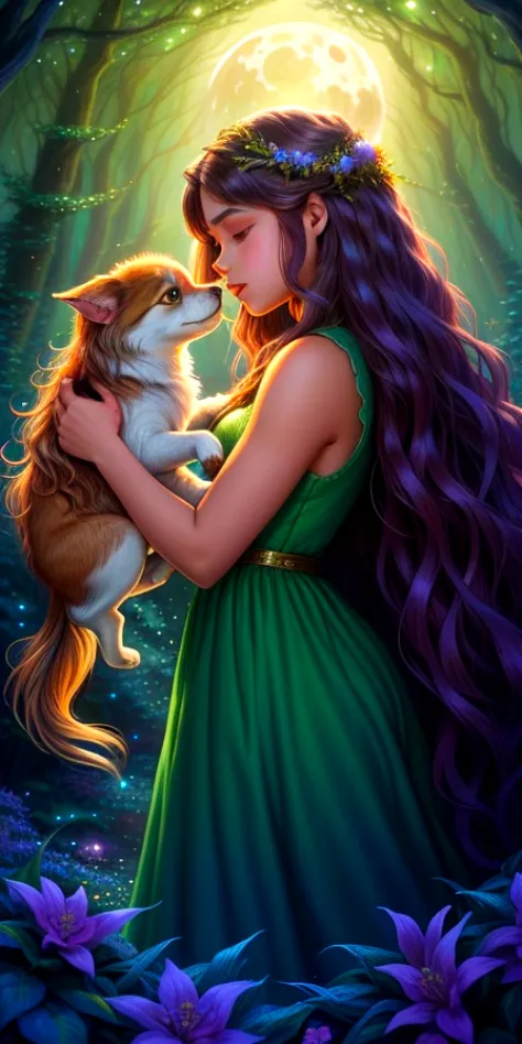 "Reunited" by Satori Canton. Art by Joni Aikio and Tim Hildebrandt, In a moonlit fantasy forest scene, a stunningly beautiful young girl (india eisley) with long wavy flowing hair and twinkling eyes, wearing a simple dress, reunites with her lost pet, an enchanting creature, fluffy with large iridescent eyes and tiny paws. They are in a tender embrace, the creature nuzzled against the girl's cheek, and their expressions are of pure joy and relief. hyper detail eyes and face, extreme camera angle. The night sky envelops them with a blanket of stars. Joni Aikio’s touch is evident in the intricacy of the creature’s fur and the emotional depth in their eyes. Tim Hildebrandt's influence paints the background as an enchanted forest with towering trees that have luminous blossoms and tiny glowing fairies dancing around them. The scene is drenched in moonlight, casting an ethereal glow, while the stars above twinkle in harmony with the joyous reunion. The balance between the figures and their surroundings creates an atmosphere of warmth, happiness, and magic. by Satori Canton