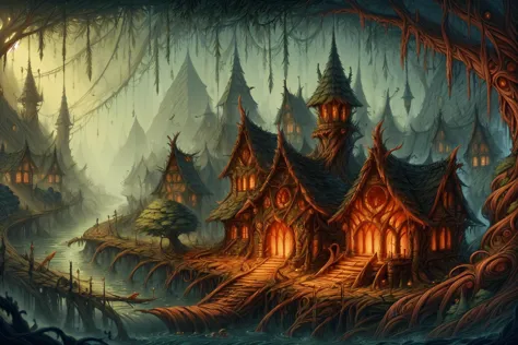 a painting of a fantasy castle in the middle of a forest