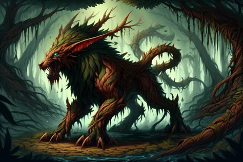 a close up of a monster in a forest with trees