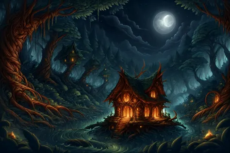 a house in the woods with a full moon in the background