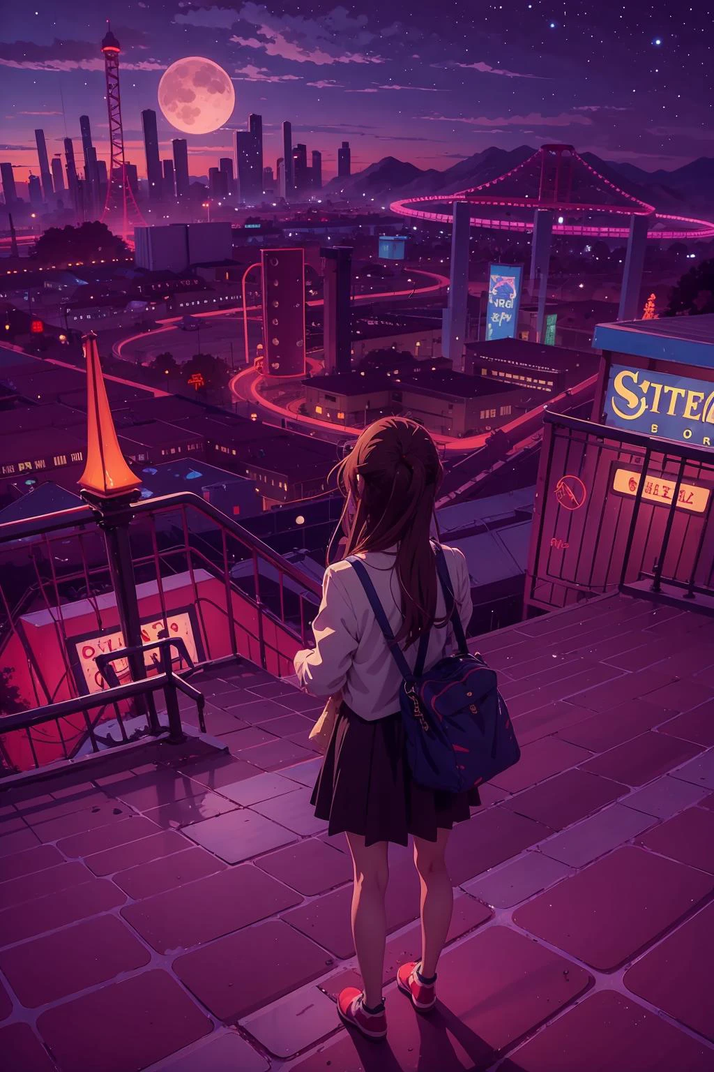 1 chica, (bosquejo:1.2),  Imagen clave del anime,  paisaje de un parque de atracciones brutal de otro mundo y megalópolis, Cielos despejados, Horror, F/8, velvia