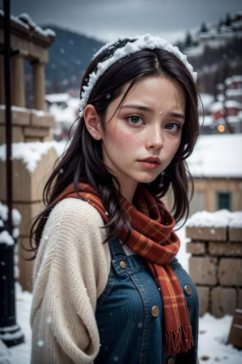 1girl, (realistic:1.1), (photorealistic:1.2), best quality, masterpiece,  detailed background, detailed face, realistic lighting,   photograph,  landscape of a Heartwarming Voluminous Acropolis, Snowing, Suffering, Neoclassicism, rim light, film grain, fil...