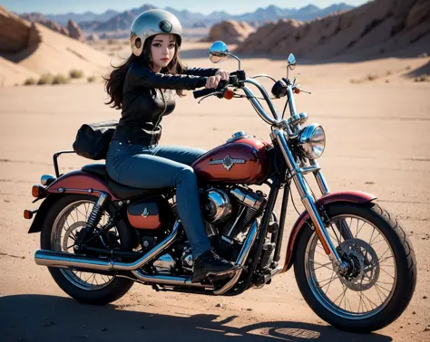 masterpiece, best quality, finely detailed, dramatic, ray tracing, realistic, full body, (Sketch:1.2), anime key visual, bokeh 
cute girl riding an old vintage Harley Davidson motorbike, desert landscape