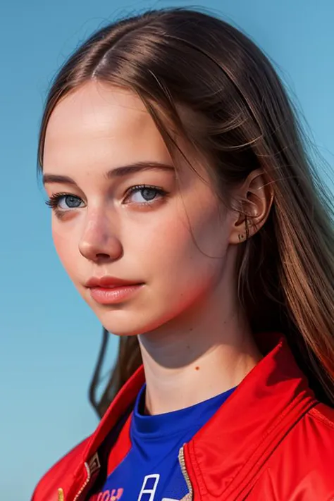 a close up of a woman with long hair wearing a red jacket