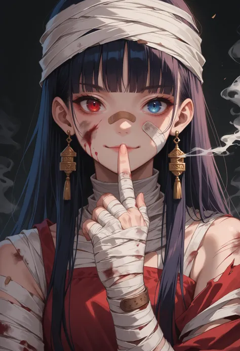 score_9, score_8_up, score_7_up, source_anime, 
1girl, solo, long hair, looking at viewer, blue eyes, black hair, red eyes, closed mouth, jewelry, upper body, earrings, hand up, blunt bangs, blood, heterochromia, bandages, black background, bandaid, index finger raised, finger to mouth, smoke, bandaged arm, injury, bandaid on face, shushing, bandaged hand, bandaged head, bandaged neck, bandaged fingers, smirk, smile,