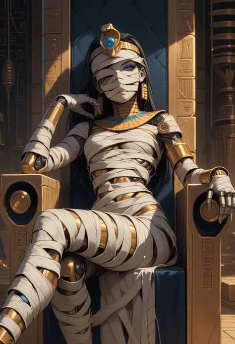 score_9, score_8_up, score_7_up, 1girl,  (((cybernetic mummy))), pharaoh, connected to throne with cables, in a futuristic egypt...