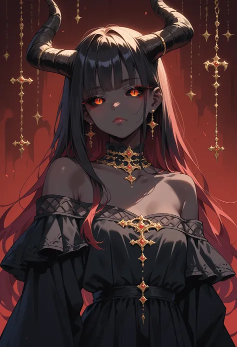 score_9, score_8_up, score_7_up, source_anime, 
solo, 
female, demon, caprine horn, black skin, black dress, jewelry, off should...