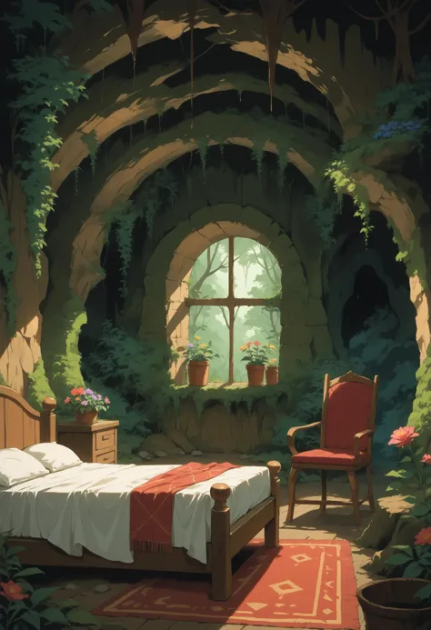 score_9, score_8_up, score_7_up, source_anime, 
cave, forest, a cave surrounded by trees, bed, chair, room, window, flower, no h...