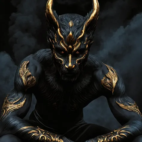 a man in full black bodypaint and wearing a jackal head mask of Anubis emerges from the swirling mists of the black gates to the...