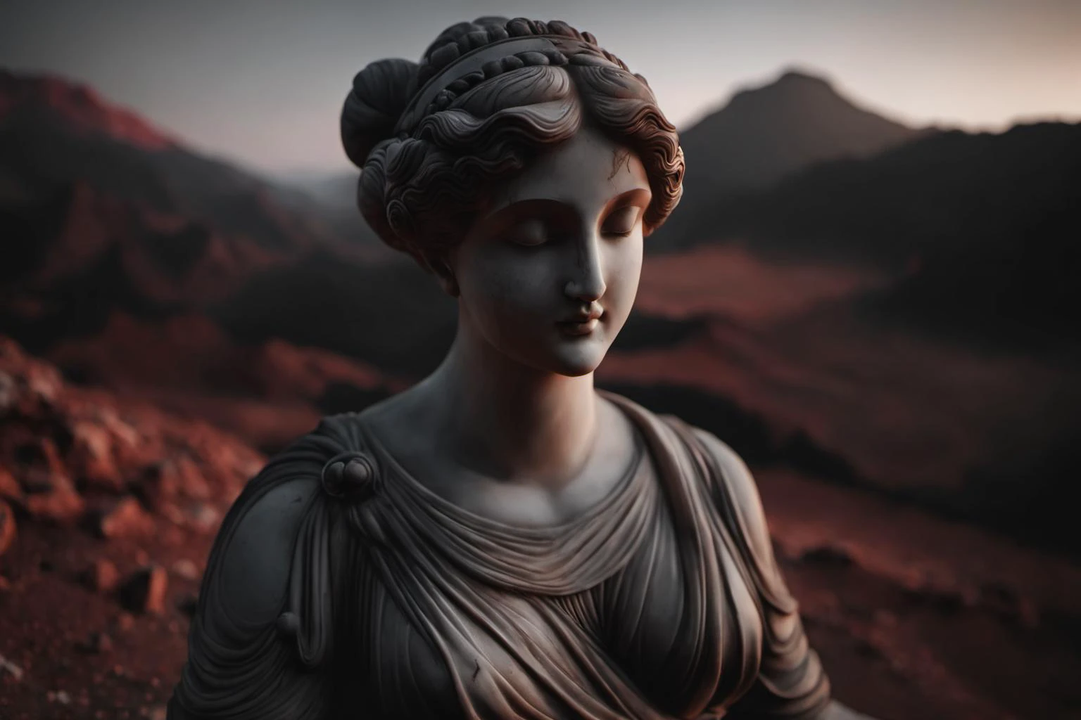 ヴィーナス・プディカの中間ショット写真, 暗い大理石で作られた彫像, 火星を背景に彼女の胴体と顔を撮影. 薄暗い光が彼女の体の複雑な細部を際立たせている, 背景には赤い火星の地形が見える., 映画のような, 富士フイルム, RTTX 10.0, ボケ