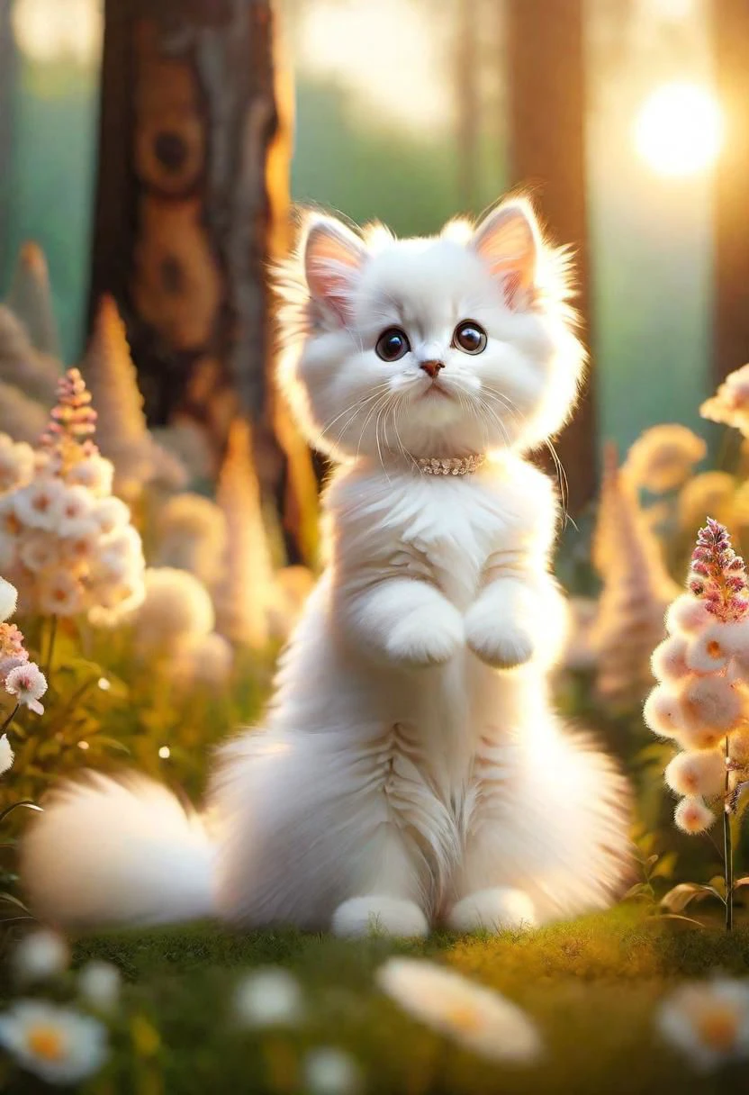 傑作,最高品質,
かわいいふわふわのアンゴラの子猫, 芝生の上に座る, フラワーズ, 温かみのある照明, 白いドレス, ぼやけた前景, (森:1.5)