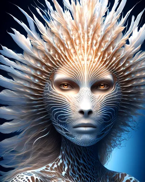 portrait a pale woman and lion fish fusion, biological head fusion theme, long floating hair, ultra sharp, (visible skin pores:1...