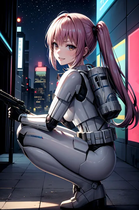 a woman in a futuristic suit kneeling down with a gun