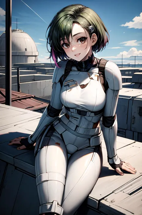 (masterpiece, best quality, detailed), 1girl, solo, looking at viewer, <lora:CyberJudy:0.95>, CyberJudy, asymmetrical hair, green hair, pink hair, brown eyes, tattoo, <lora:StormTrooper:1>, stormtrooper, armor, outdoors, rooftop, day, cityscape, blue sky, cloud, scenery, railing, leaning forward, adjusting hair, hand in own hair, hand on own thigh, from above, smile, parted lips