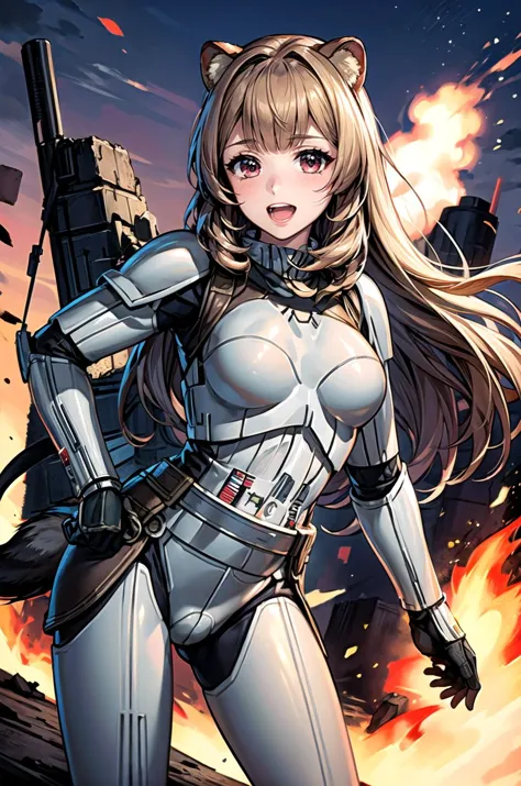 (masterpiece, best quality, detailed), 1girl, solo, looking at viewer, <lora:shieldhero_raphtalia_v2:0.8>, raphtalia, raccoon tail, <lora:StormTrooper:1>, stormtrooper, armor, world war ii, war, military vehicle, battlefield, battle, dust, smoke, burning, fire, red sky, explosion, dutch angle, contrapposto, smile, open mouth