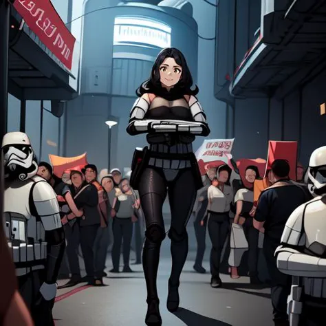 a close up of a woman in a star wars costume standing in a crowd