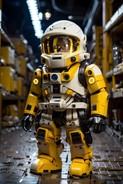 BJ_Lego bricks, solo, standing, yellow_eyes, chibi, no_humans, glowing, robot, mecha, glowing_eyes, science_fiction, open_hands,...