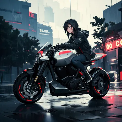 anime girl on a motorcycle in the rain