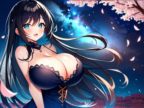 (1girl), solo, breasts, curvy, fit, standing, long hair, cleavage, detailed beautiful aqua eyes, big eyes, ;d, 

grass, forest, cloud, (night sky:1.3), tree,butterfly, falling petals, twilight, (cherry blossoms:1.3), petals,