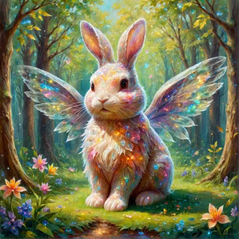 Impressionist painting winged cute fluffy bunny fairy in an enchanted forest ral-czmcrnbw  1950s . Loose brushwork, vibrant color, light and shadow play, captures feeling over form