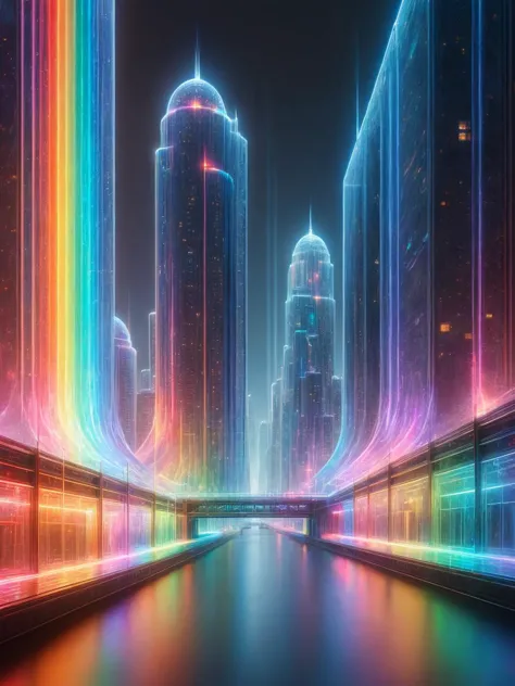 A futuristic metropolis at twilight, neon lights casting a spectrum of rainbow reflections on streamlined structures <lora:ral-c...