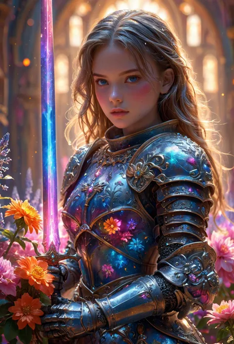 amazing quality, masterpiece, best quality, hyper detailed, ultra detailed, UHD, perfect anatomy, 
blurry background, outdoor, studio lighting, bright foreground, face to viewer,
a girl wearing armor, holding sword, 
a cluster of flowers in brilliant and colorful hues, 
an array of blossoms in a vibrant tapestry, 
glowing, shine, dazzling,
HKStyle,
extremely detailed,
ral-czmcrnbw,