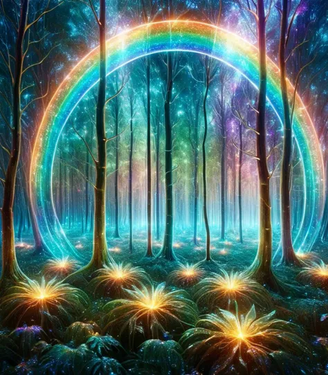 An otherworldly moonlit forest,with leaves and flora radiating iridescent rainbow glows,<lora:Cosmic Rainbow Style [SDXL]å®å®å...