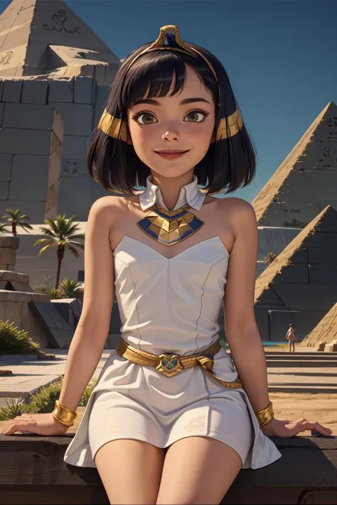 Cleopatra, 1girl, solo, sark skin, tiara, white dress, pharaoh collar, gold collar,
smile,closed mouth,cowboy shot, sitting,
desert, pyramid \(structure\),
(insanely detailed, beautiful detailed face, masterpiece, best quality) cinematic lighting,