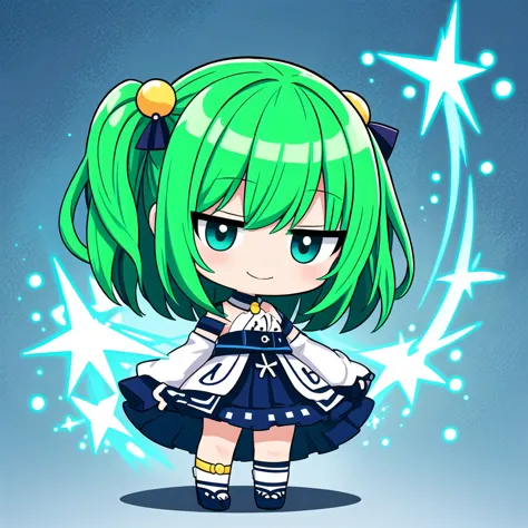 <lora:hotarueye_jitome17_v100:1> <lora:lcm-lora-sdv1-5:1>, 1girl, (chibi:1.4), smile, closed mouth, dynamic angle, standing, , green hair,