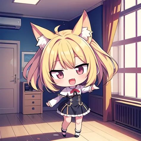 <lora:hotarueye_jitome17_v100:1>, 1girl, (chibi:1.4), smile, open mouth, dynamic angle, standing, animal ear, blonde hair, indoors