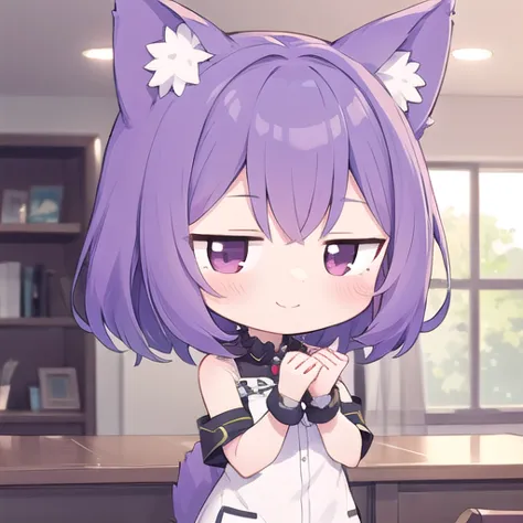 <lora:hotarueye_jitome17_v100:1>, 1girl, (chibi:1.4), smile, closed mouth, upper body, standing, animal ear, purple hair, indoors