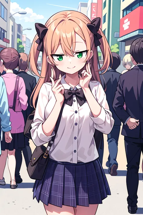 anime girl in school uniform standing in a crowded street