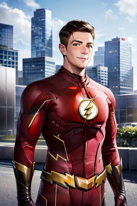 a close up of a man in a flash suit standing in front of a city