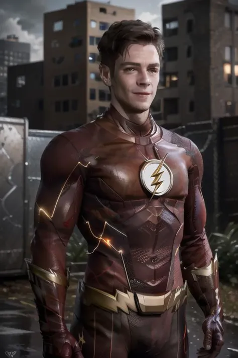 a man in a flash suit standing in front of a city