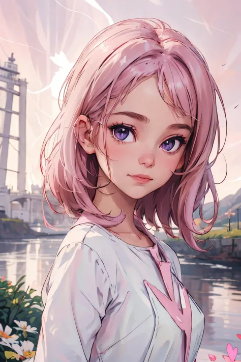 anime girl with pink hair and blue eyes standing in front of a river