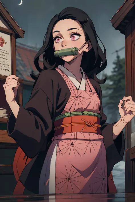 <lora:nezuko_kamado_omni_v1:0.6>, normalnezuko, bit gag, multicolored hair, pink kimono,  looking up, solo, upper body, detailed background, detailed face, (renaissance theme:1.1), warm smile, dynamic pose, store clerk, (green:0.8) simple merchant clothes, apron, pouches, belts, busy (medieval market stall:1.1),     (shelves:0.8), selling wide variety of books, scrolls, parchment, , rainstorm temperate, shore, prison, fitting room, blue hour, noon, wood, moon