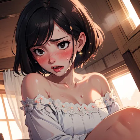 (masterpiece,best quality,:1.2)1girl,highres,milf,mature,off shoulder,insane details,face details,lens_flare,sitting,(lace:1.1),black eyes,shy,upper_body,(wince:1.4),blush,(moaning:1.6),(close_mouth:1.2),sweat,short hair,dutch angle,shadow,