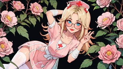 face focus, dynamic angle, masterpiece, best quality, plant, looking at viewer, white flower, hair ribbon, hand up, white dressr, pixiv, depth of field, smile 1 girl,solo,blonde hair, long hair,blush, nurse, nurse cap,hat,bow, blue eyes, rabbit hair ornament, pink dress, puffy short sleeves, red lips, bandaged arm,white thighhighs,round eyewear,glasses, <lora:sugarserov2:0.8>