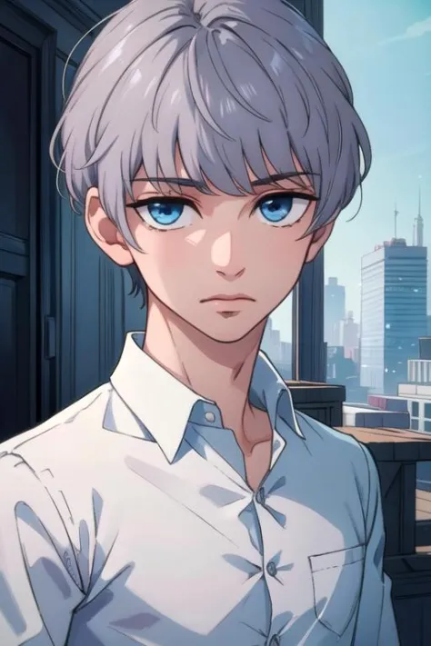 masterpiece, best quality, photorealistic, 1boy, solo, male focus, looking at viewer, , depth of field, <lora:ruou_mori:0.70>, ruou_mori, grey hair, blue eyes, , The City of Glas, 12k resolution